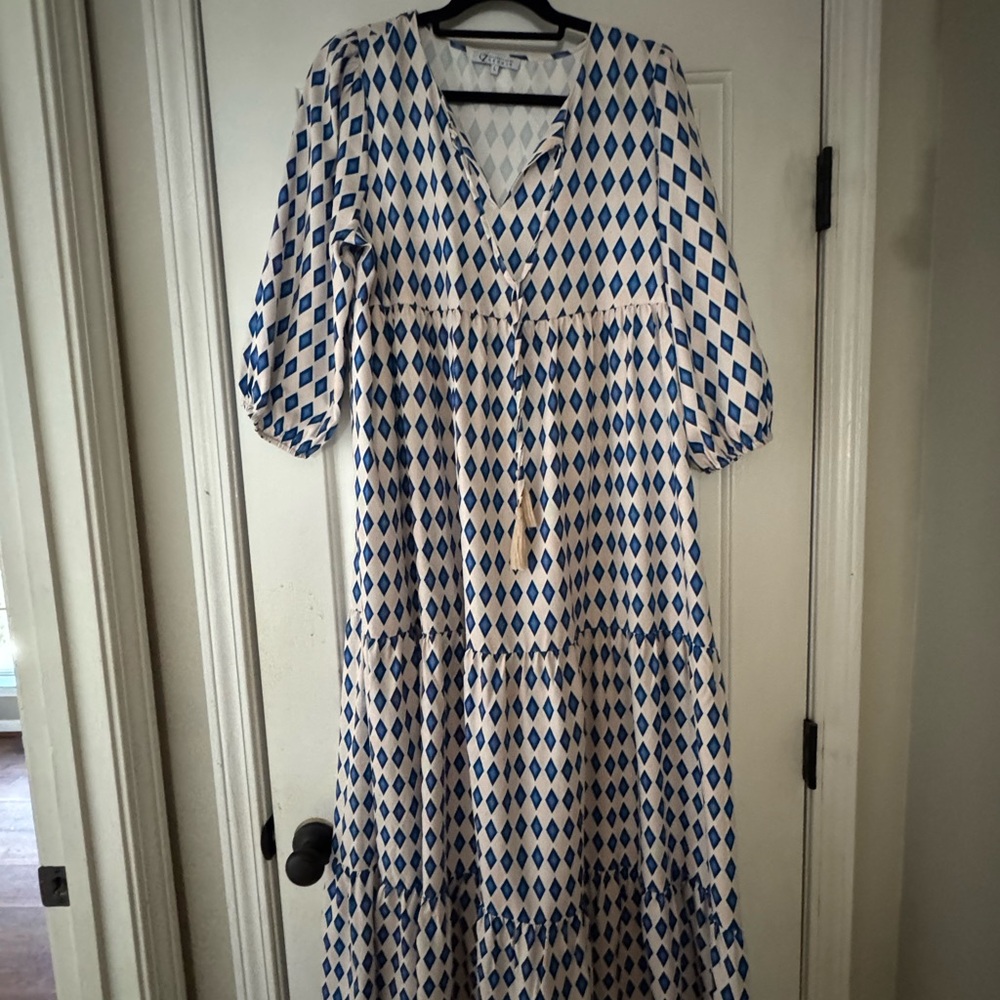 CeZele Blue and White Diamond Maxi Dress, Women’s L